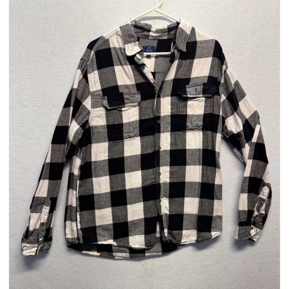 George Black & White Buffalo Plaid Flannel Button-Up Shirt L